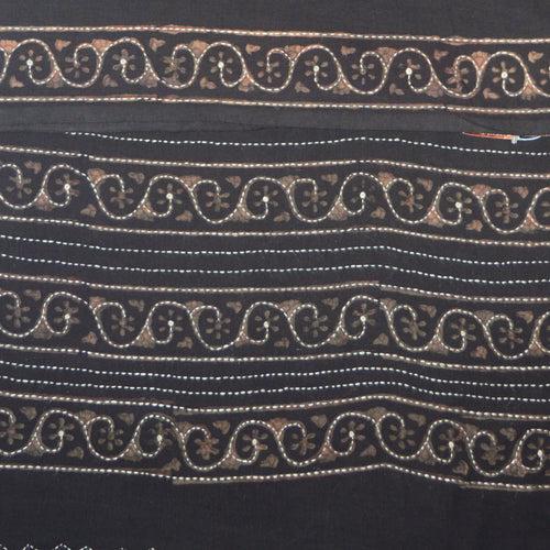 Deep Brown Cotton Printed Embroidered Saree