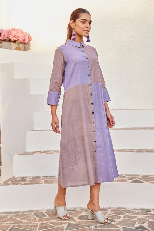 Colorblocked Button Down Shirt Dress With Pocket