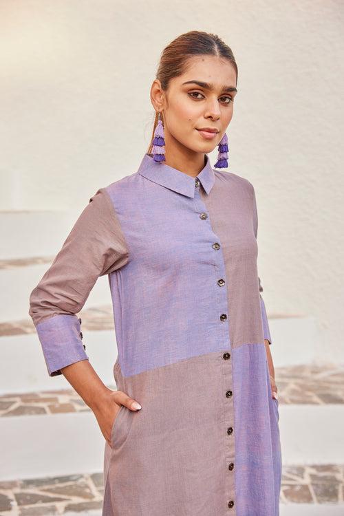 Colorblocked Button Down Shirt Dress With Pocket