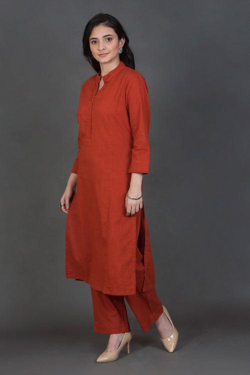 Slub Cotton Solid Kurta Rust