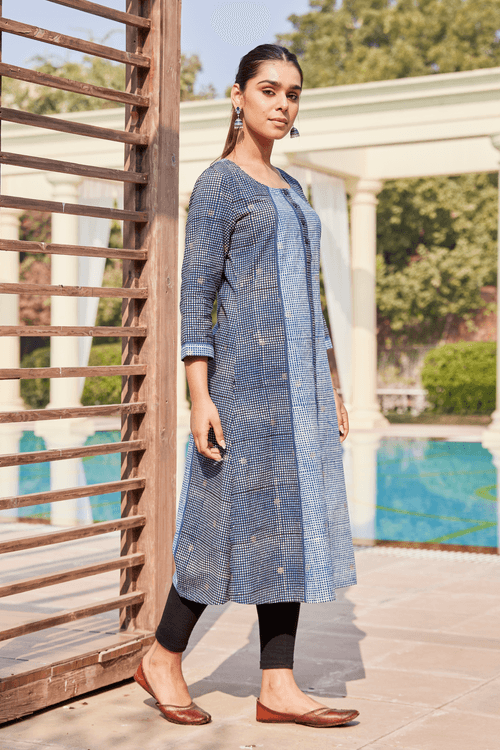 Bagru Indigo Block Print A-Line Kurta-Dress