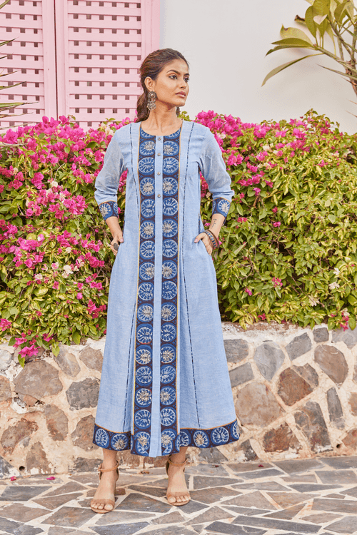 Blue Handwoven Cotton Kurta-Dress With Pockets