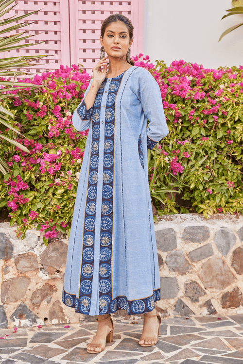 Blue Handwoven Cotton Kurta-Dress With Pockets