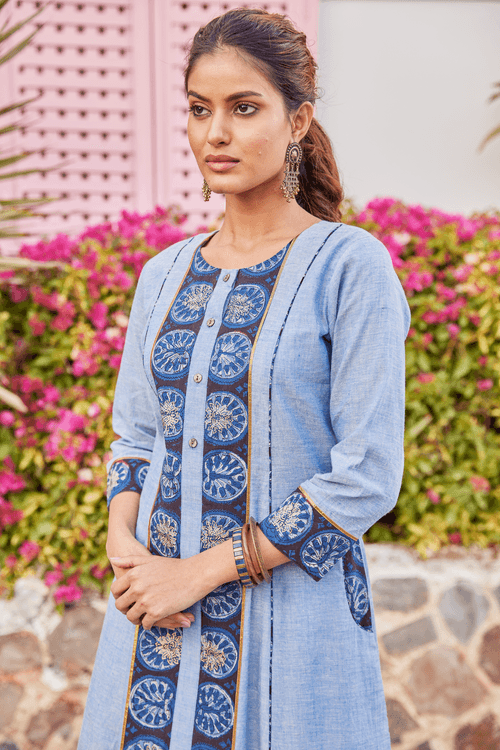 Blue Handwoven Cotton Kurta-Dress With Pockets