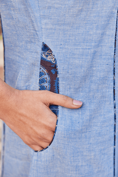 Blue Handwoven Cotton Kurta-Dress With Pockets