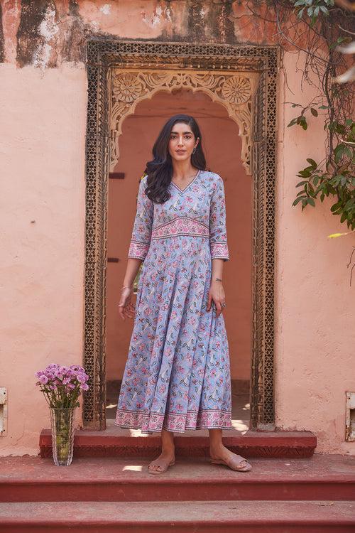 Hand Block Sanganeri Floral Printed Maxi Dress