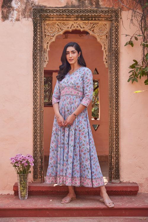 Hand Block Sanganeri Floral Printed Maxi Dress