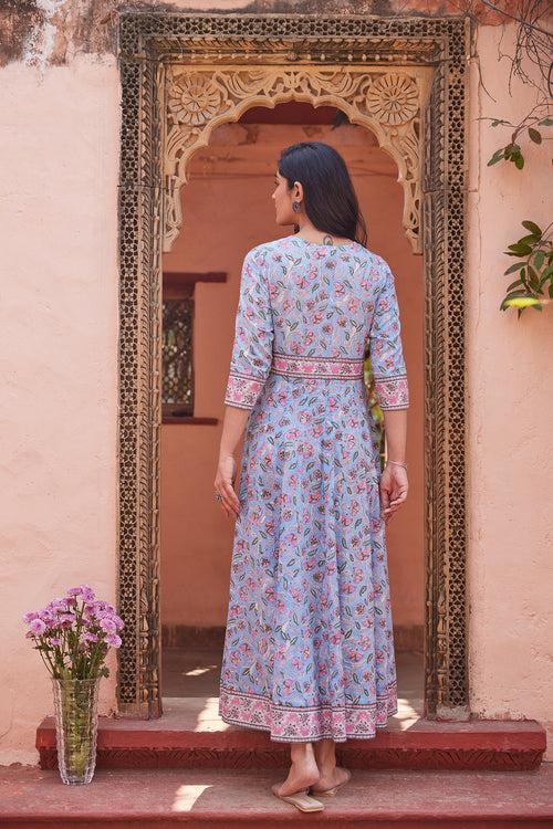 Hand Block Sanganeri Floral Printed Maxi Dress