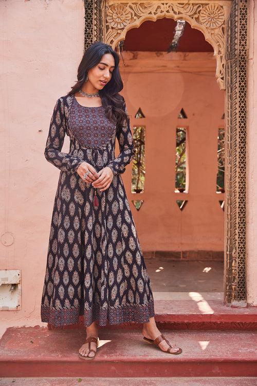 Hand Blocked Ajrakh Printed Black Anarkali Dress