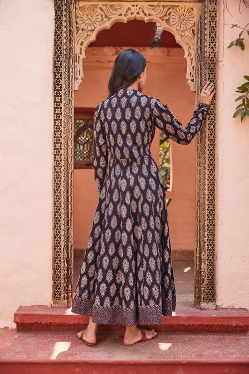 Hand Blocked Ajrakh Printed Black Anarkali Dress