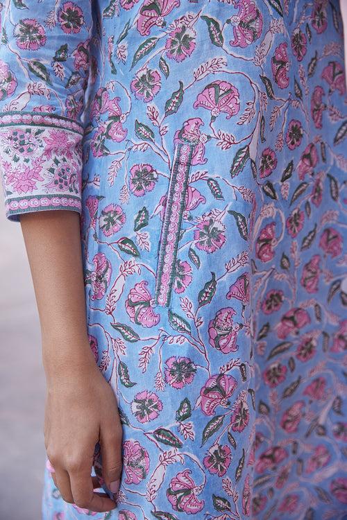 Collared Hand Block Print A-Line Light Blue Kurta Dress With Pockets