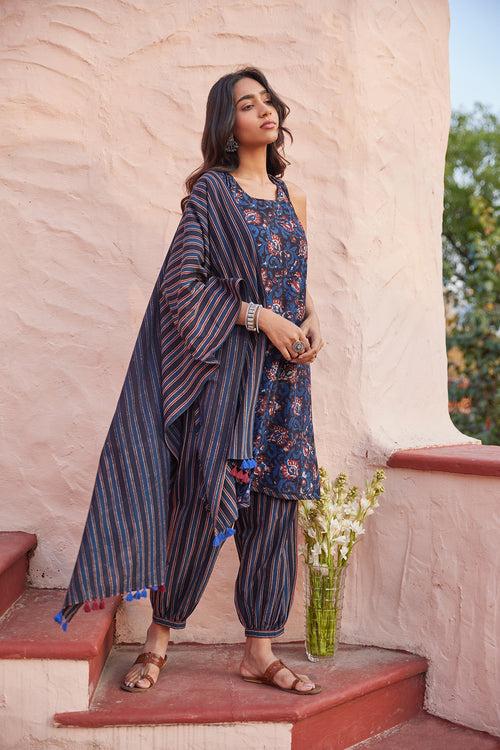 3 Piece Printed Kurta Set With Cuffed Salwar Pant and Dupatta