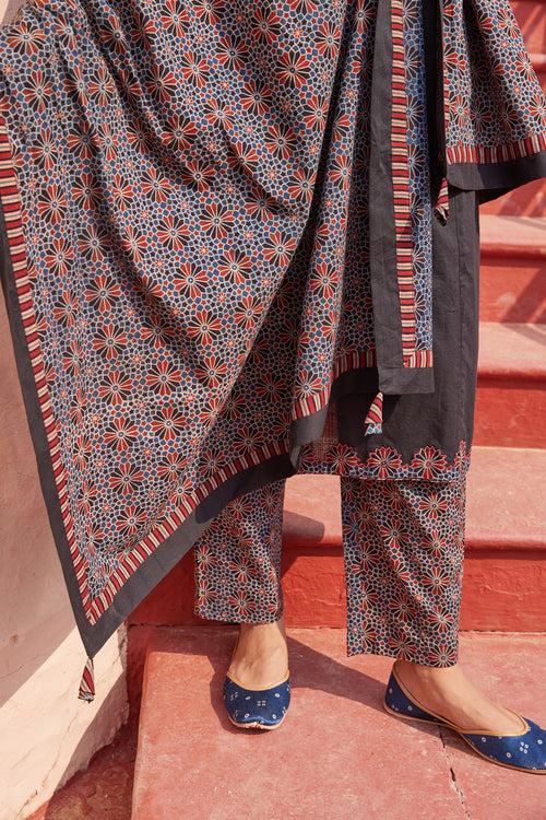 Blue Ajrakh Print Premium Cotton Dupatta With Tassels