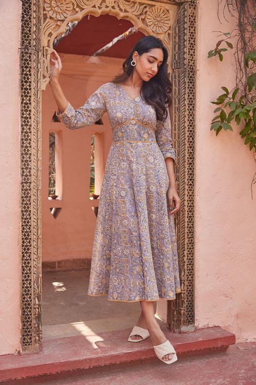 Hand Block Sanganeri Printed Ghera Maxi Dress