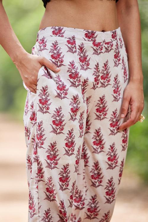 White Elasticated Floral Print Pants