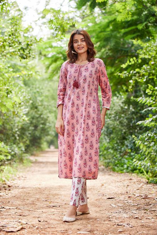 Peach Floral Print Long Kurta