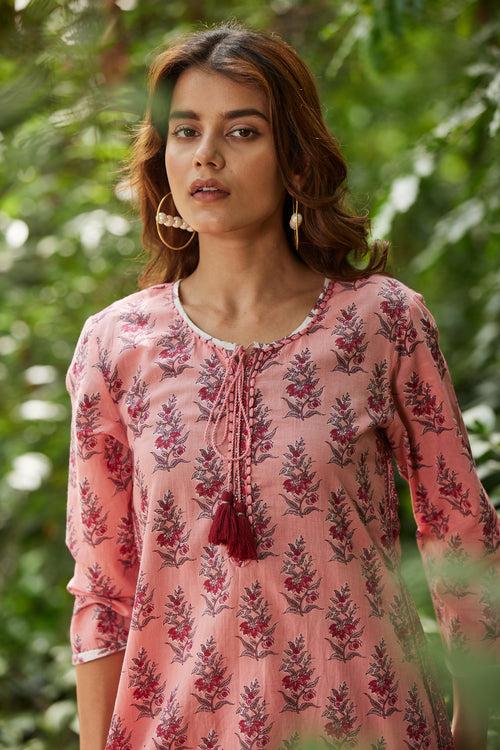 Peach Floral Print Long Kurta