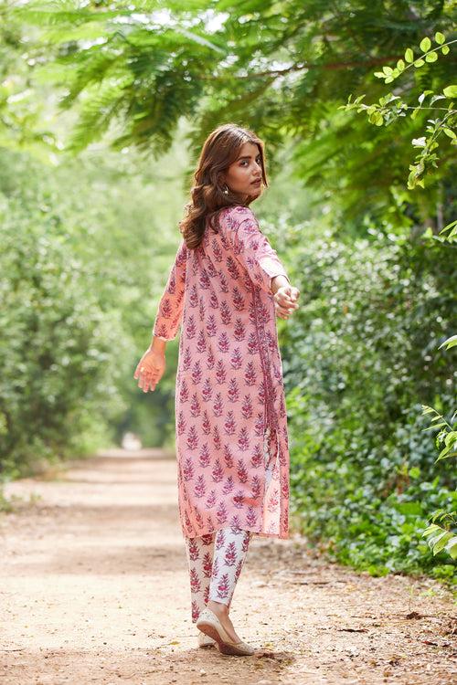 Peach Floral Print Long Kurta