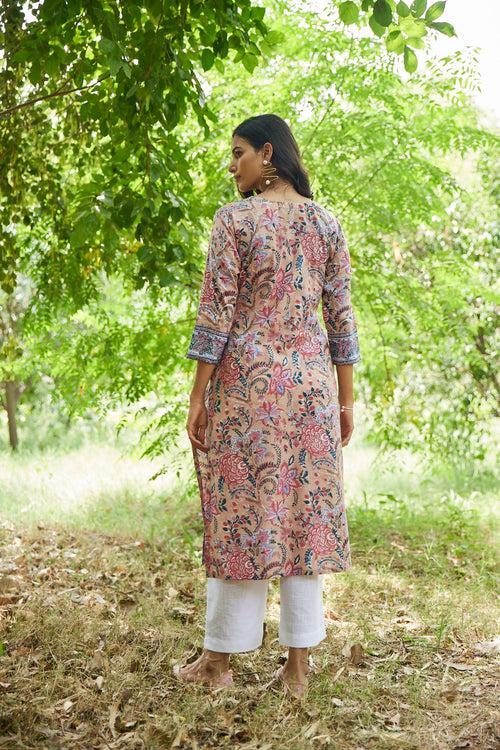 Light Brown Hand Block Printed Straight Kurta