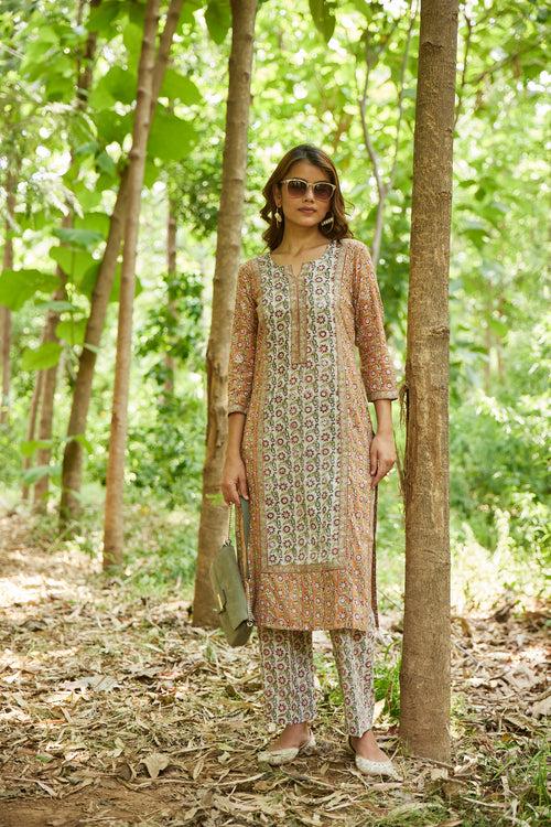 Brown & White Printed Straight Kurta