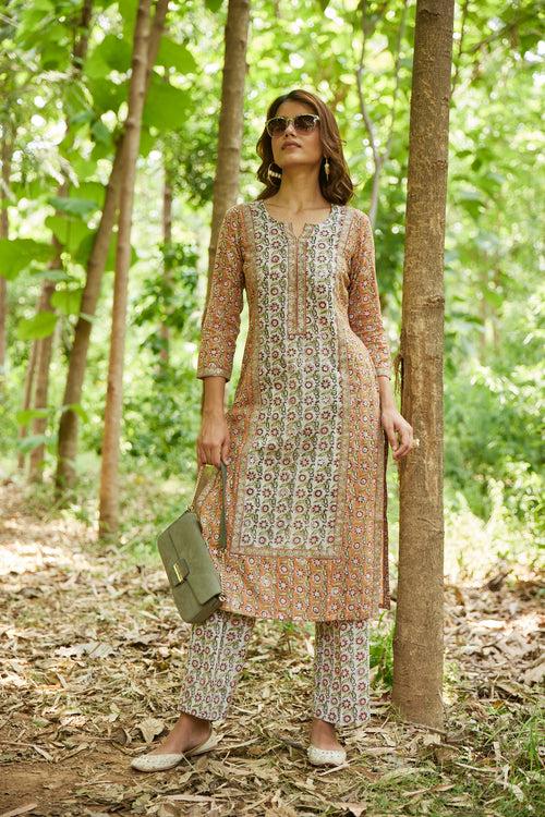 Brown & White Printed Straight Kurta