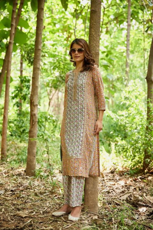 Brown & White Printed Straight Kurta