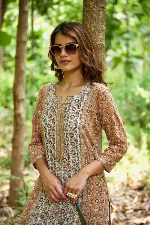 Brown & White Printed Straight Kurta