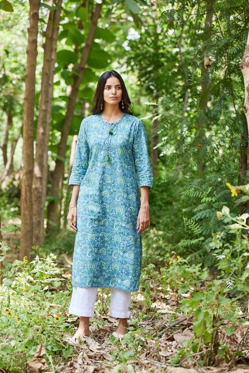 Blue Hand Block Print Kurta With Dori