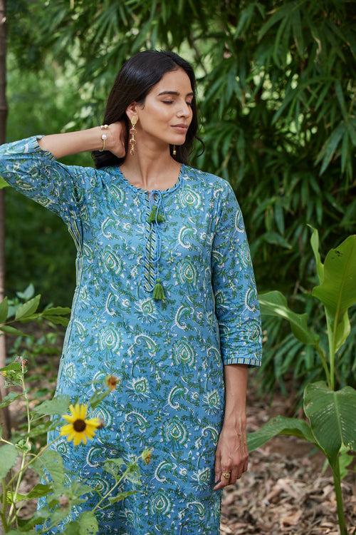 Blue Hand Block Print Kurta With Dori