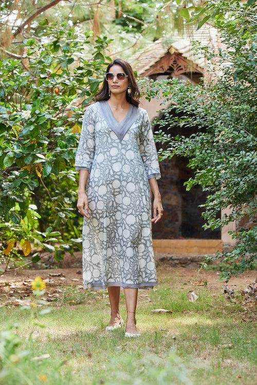 Grey Floral Print Tea Length Dress