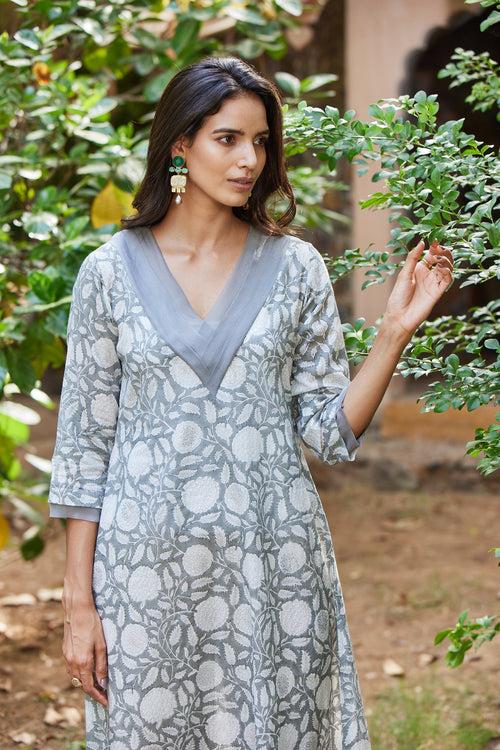 Grey Floral Print Tea Length Dress