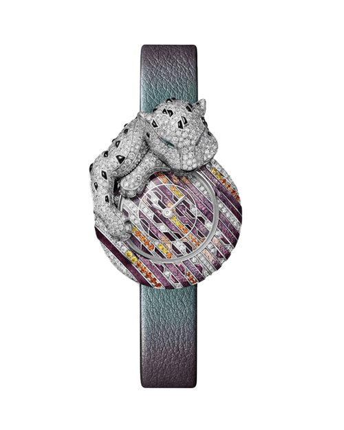 Panthère Songeuse Métiers d'art enamel watch, quartz movement. Rhodiumized 18K white gold