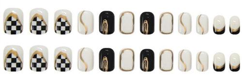 Nailamour Black-White Checkered with Gold Detail Artificial Nail Kit - 24pcs