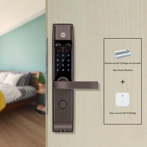 YDM 4115 -A Series, Biometric Smart Lock, Brown with Fingerprint, PIN, manual key and Yale Home App With Bluetooth Module and Wifi Connect Bridge