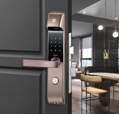 YDM 4115 -A Series, Biometric Smart Lock, Brown with Fingerprint, PIN, manual key and Yale Home App With Bluetooth Module and Wifi Connect Bridge