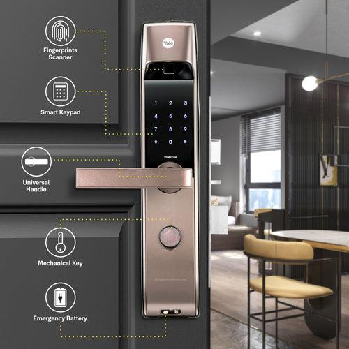 YDM 4115 -A Series, Biometric Smart Lock, Brown with Fingerprint, PIN, manual key and Yale Home App With Bluetooth Module and Wifi Connect Bridge