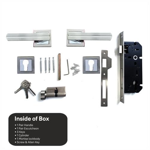 SM-02-01-01 Yale SM series Mortise Lock Comboset with Rose and Escutcheons, Cylinder with Knob inside and keys Outside, SS Finish