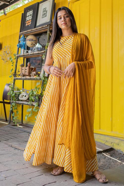 Fire Yellow Leheriya Printed Ethnic Dress