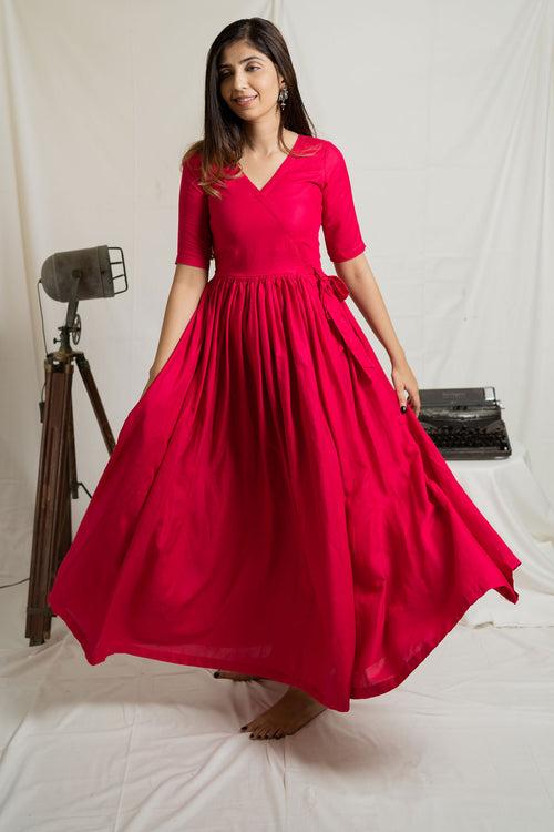 Hot Pink Flared Cotton Ethnic Dress