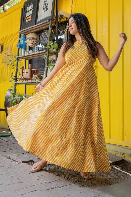 Fire Yellow Leheriya Printed Ethnic Dress