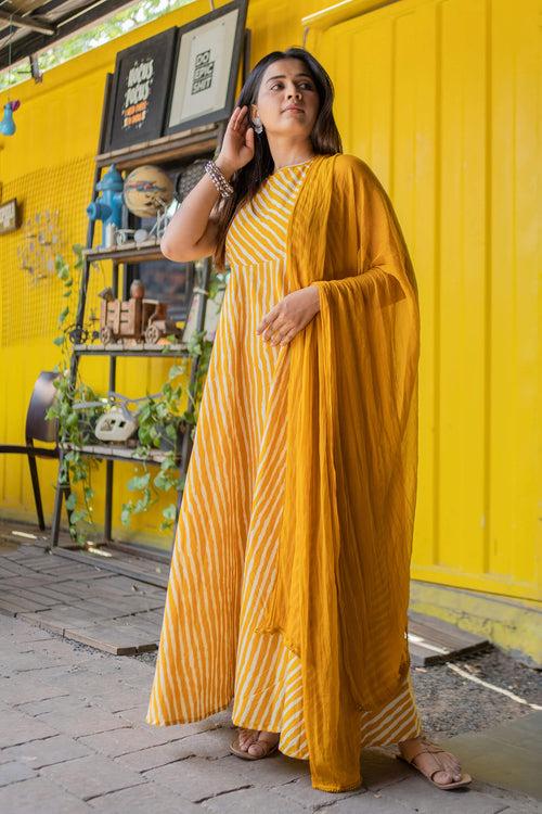 Fire Yellow Leheriya Printed Ethnic Dress