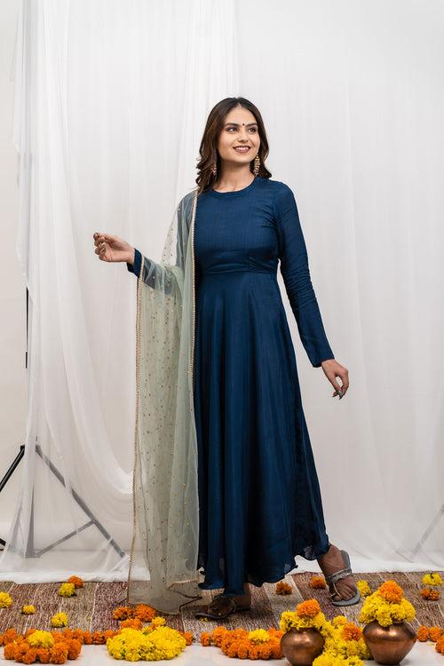 Indigo Silk Dupatta Set