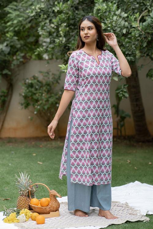 White Floral Printed Kurta Set