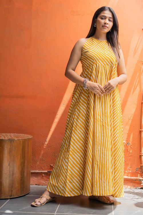 Fire Yellow Leheriya Printed Ethnic Dress