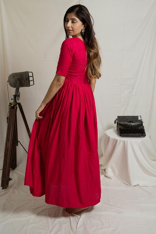 Hot Pink Flared Cotton Ethnic Dress