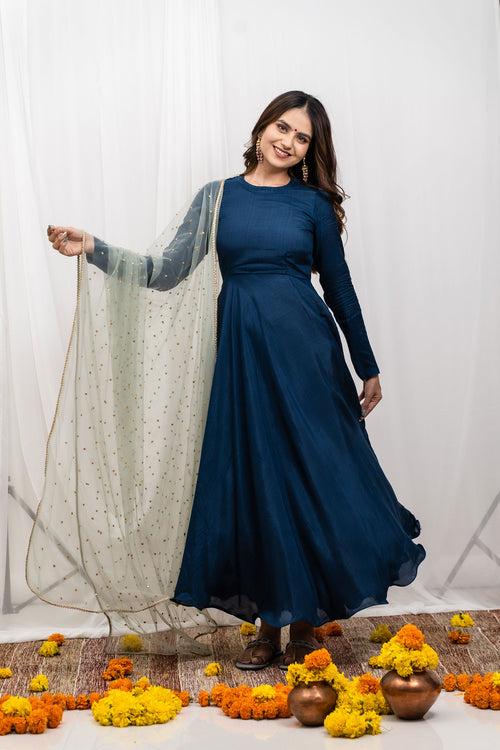 Indigo Silk Dupatta Set