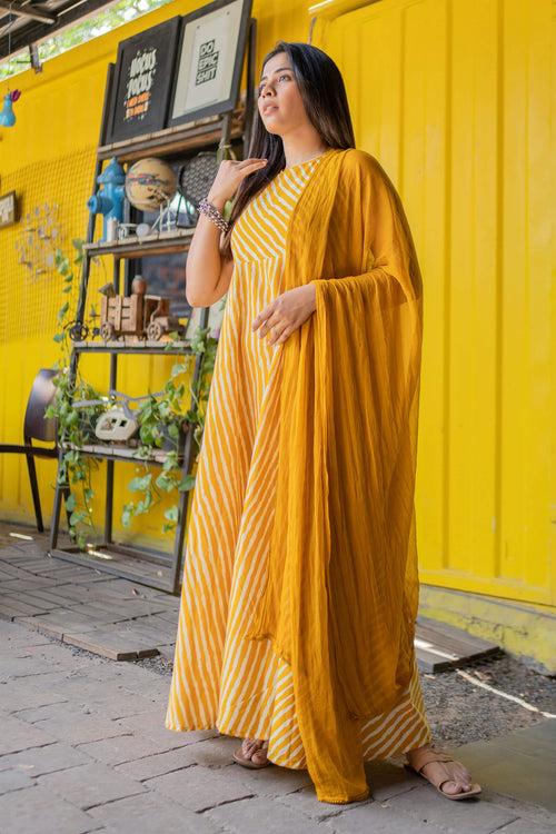 Fire Yellow Leheriya Printed Ethnic Dress