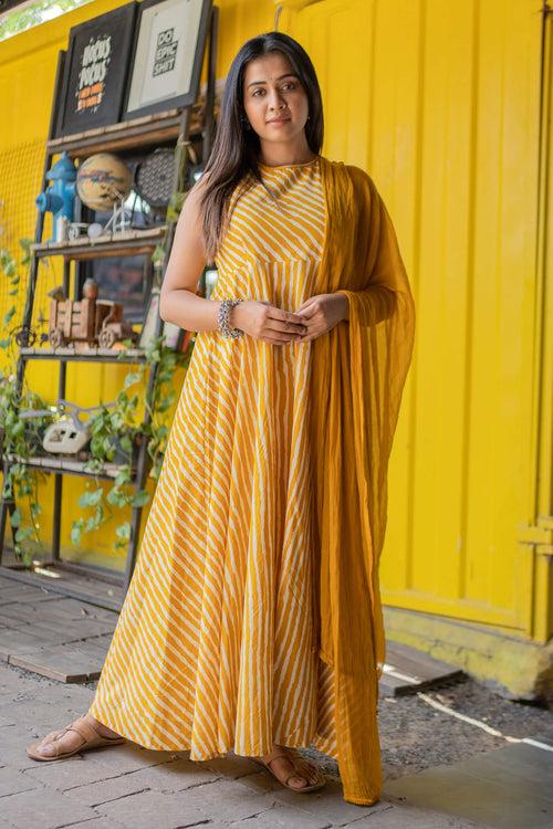 Fire Yellow Leheriya Printed Ethnic Dress