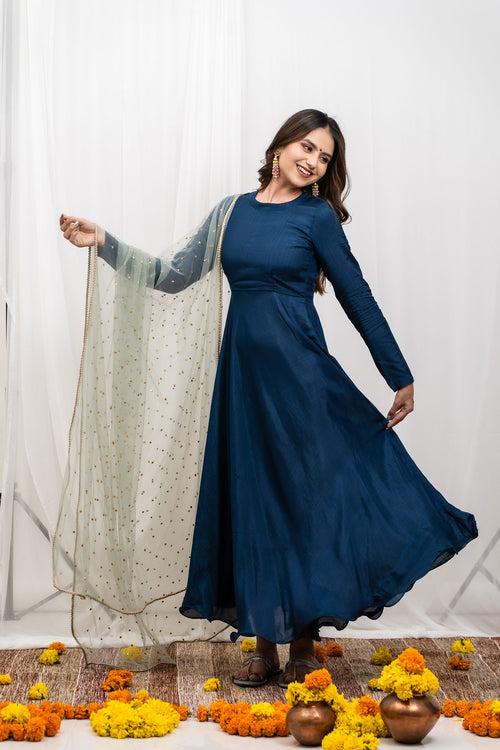 Indigo Silk Dupatta Set