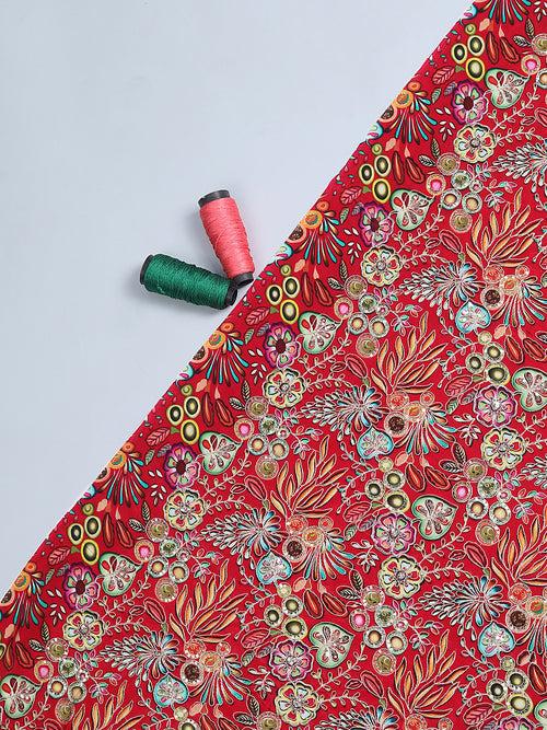 Red Floral Embroidered Crepe